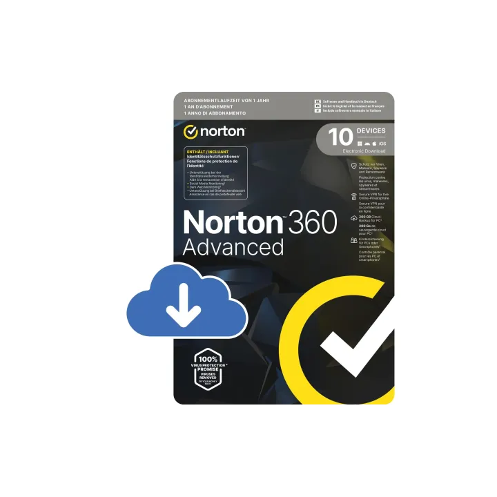 Norton 360 Advanced ESD, 10 Device, 1 an, 200GB de mémoire cloud