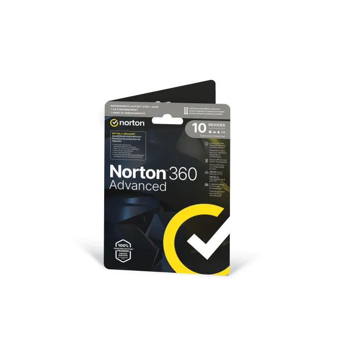 Norton 360 Advanced Sleeve, 10 Device, 1 an, 200GB de stockage dans le cloud