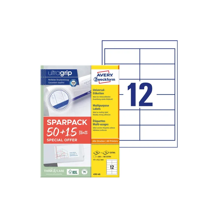 Avery Zweckform Étiquettes universelles 4781-65, 97 x 42.3 mm, 65 feuille