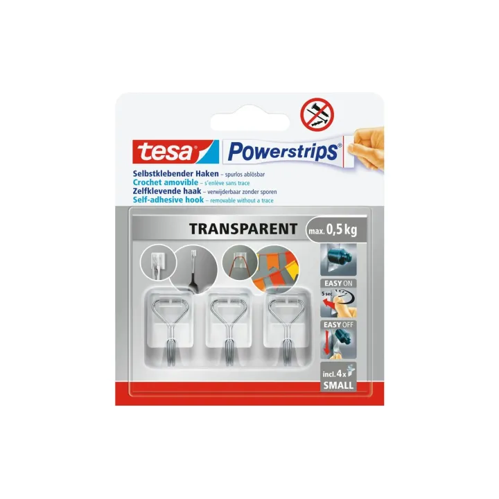 tesa Crochet adhésif tesa Powerstrips Crochet Adhésif Mural Small Transparent, 0.5 kg