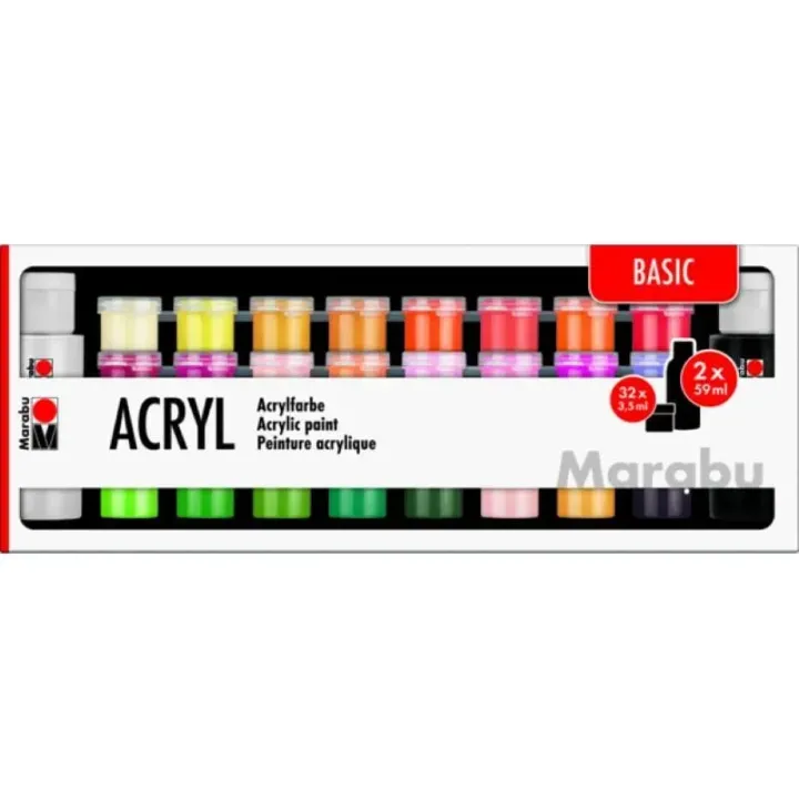 Marabu Peinture acrylique Set Basic, 32 x 3.5 ml, 2 x 59 ml