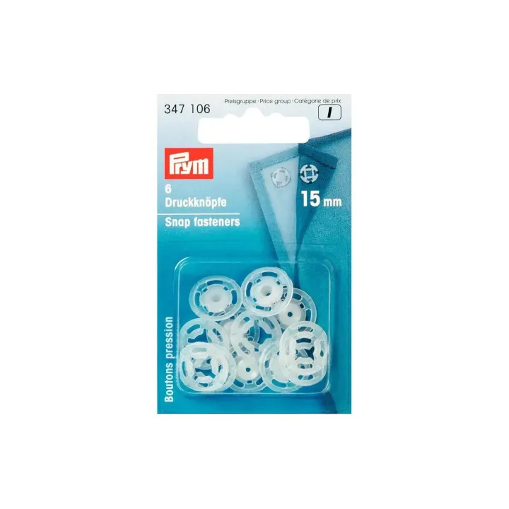 Prym Boutons poussoirs O 15 mm, Transparent, 6 pièces