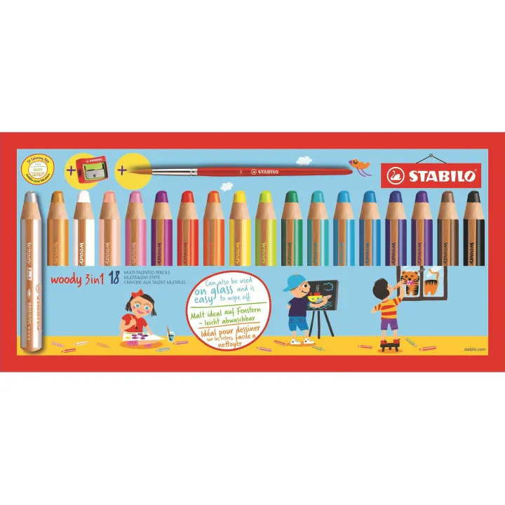 STABILO Crayons de couleur Woody 3in1 avec taille-crayon-pinceau, étui de 18 pièces