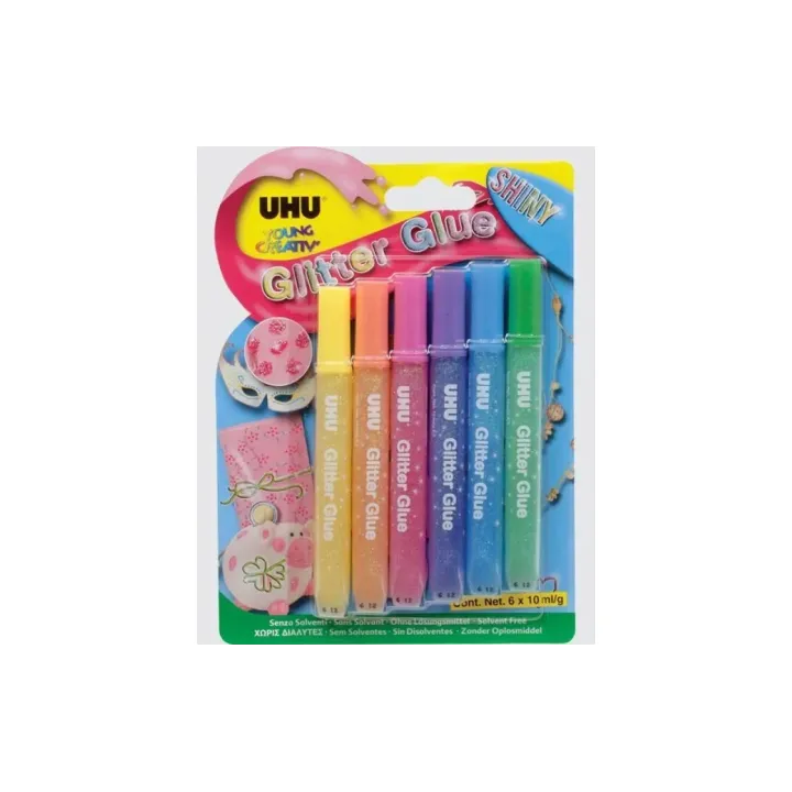 UHU Crayon à paillettes Glitter Shiny 6 x 10 ml, multicolore