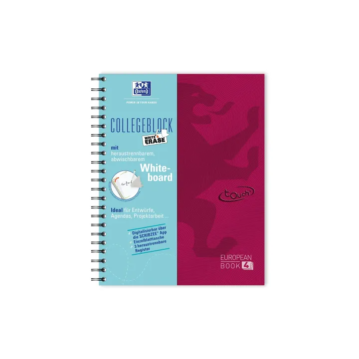 Oxford Carnet de notes Touchez College Pad, A4 +, À carreaux, Framboise