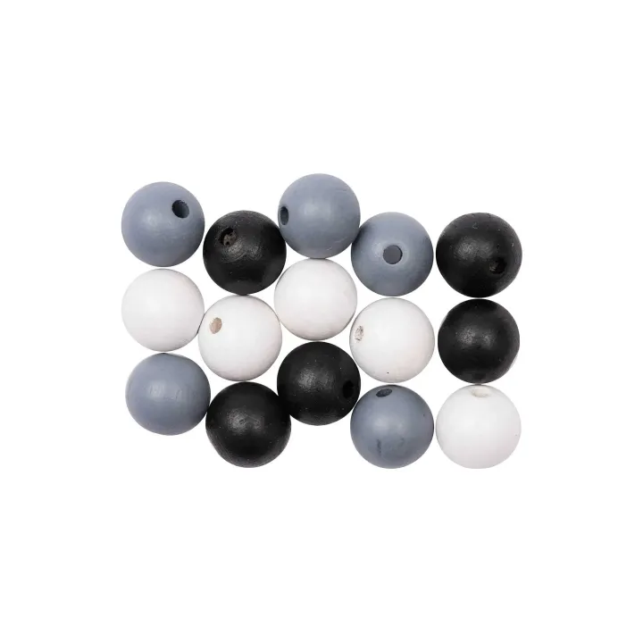 Rico Design Billes de bois Perçage 12 mm Noir-blanc-gris, 15 pièces