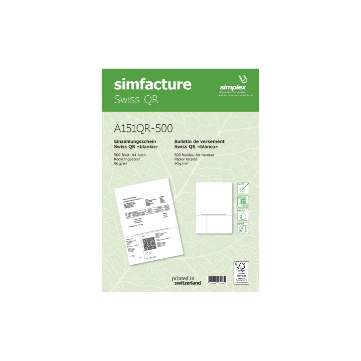Simplex Bulletin de versement Simfacture Swiss QR Recycling 500 feuilles