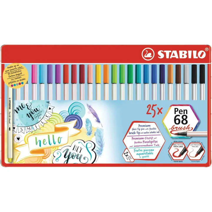 STABILO Feutres de coloriage Pen 68 brush Boîte de 25 pièces en métal