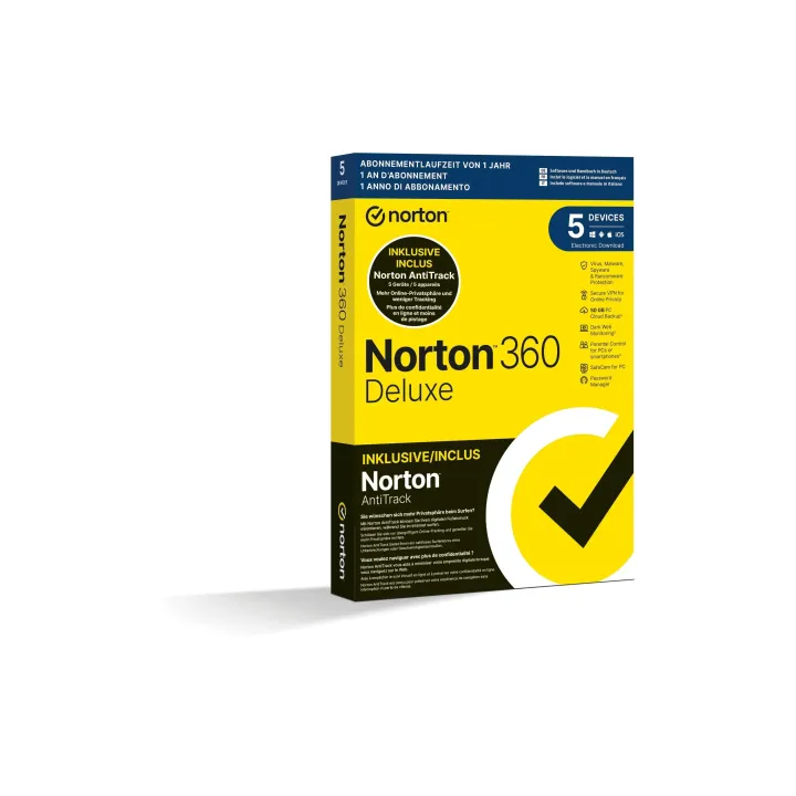 Norton 360 Deluxe + AntiTrack Bundle Box, 5 appareils, 1yr, 50GB Cloud