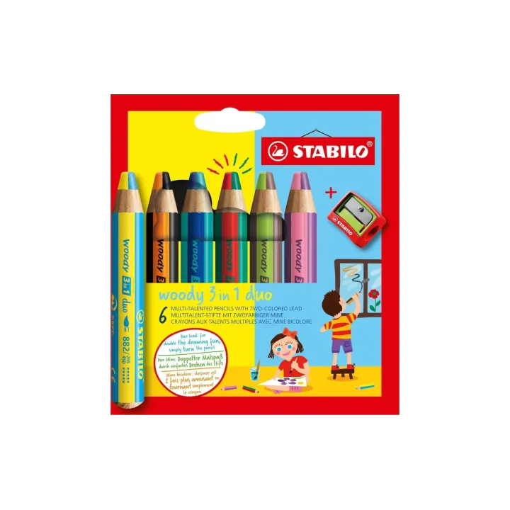 STABILO Crayons de couleur Box Woody 3 en 1 duo, 6 pièces