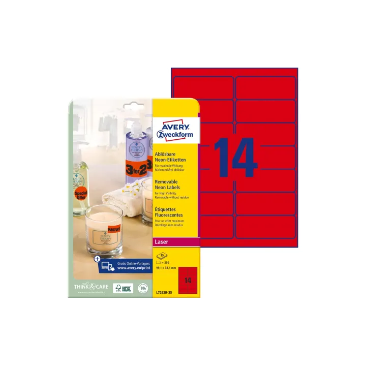 Avery Zweckform Étiquettes multi-usage 99.1 x 38.1 mm, 25 feuilles, rouge fluo