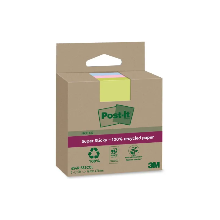 Post-it Fiche de bloc-notes Super Sticky Recycling, Multicolore, 3 blocs