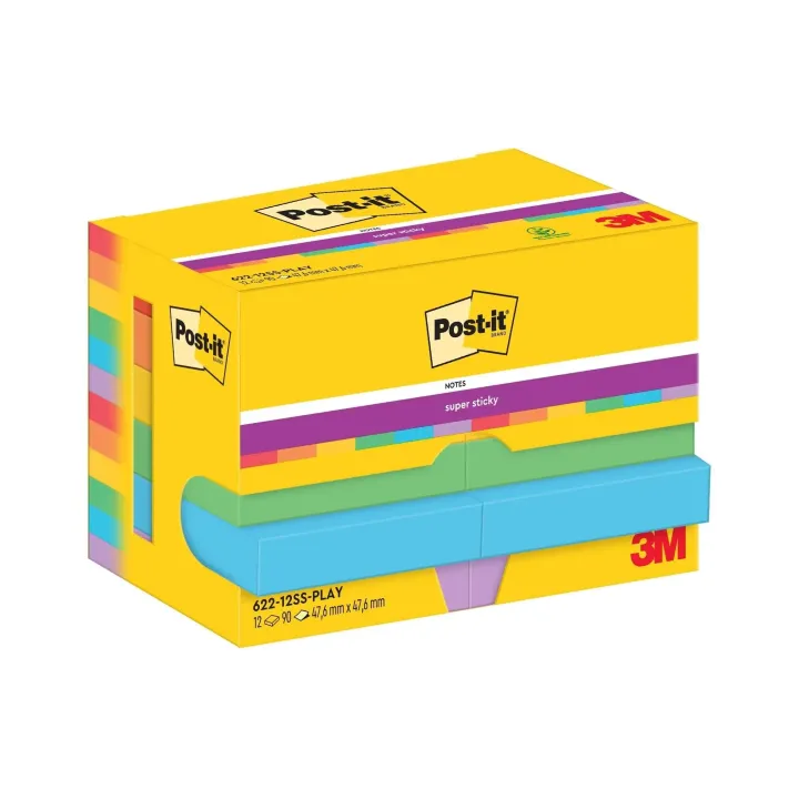 Post-it Fiche de bloc-notes Super Sticky 47 x 47 mm, Playful, 12 blocs