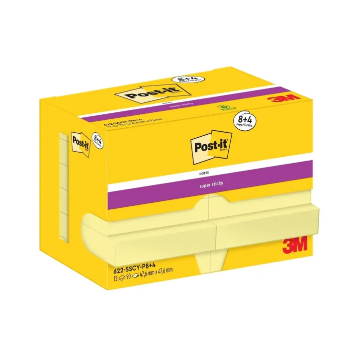 Post-it Fiche de bloc-notes Super Sticky 47 x 47 mm, Jaune, 12 blocs