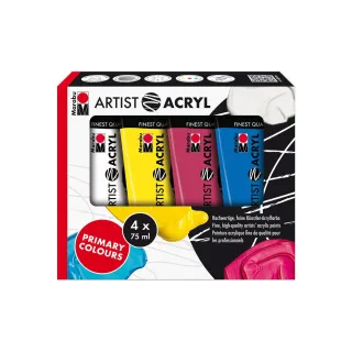 Marabu Peinture acrylique Artist 4x 75 ml, Blanc-Jaune-Fuchsia-Bleu