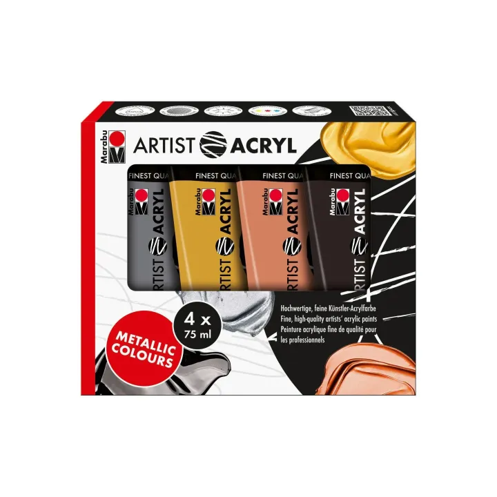 Marabu Peinture acrylique Artist 4x 75 ml, Doré-Cuivre-Noir-Argenté