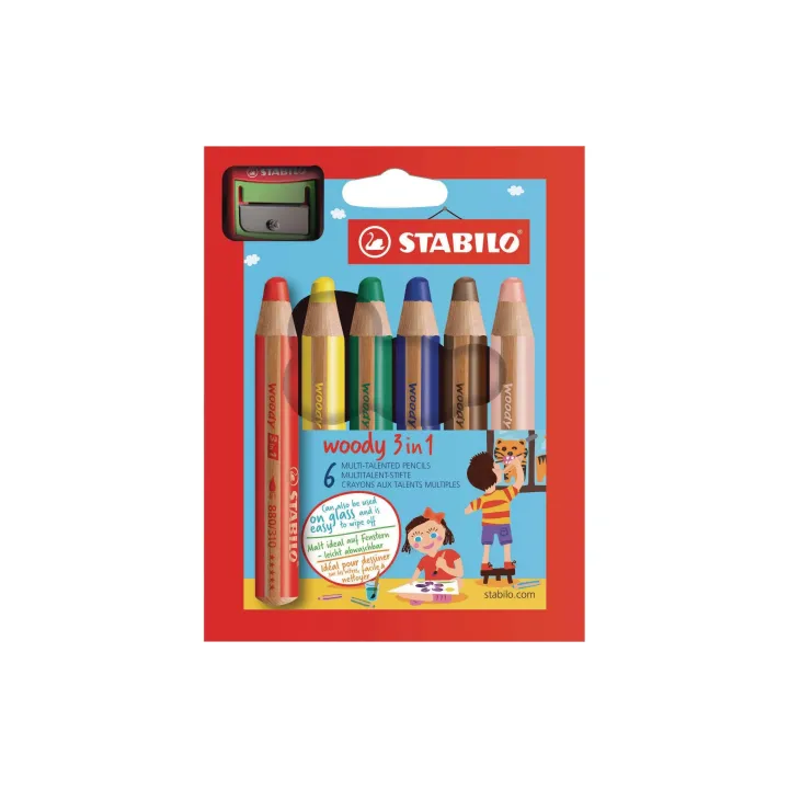 STABILO Crayons de couleur Woody 3in1 6 pièces, taille-crayon inclus