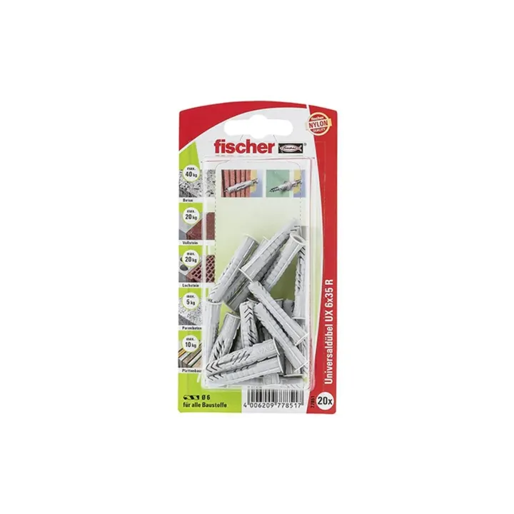 Fischer Cheville universelle  UX 6 x 35 R avec bord, 20 pièces