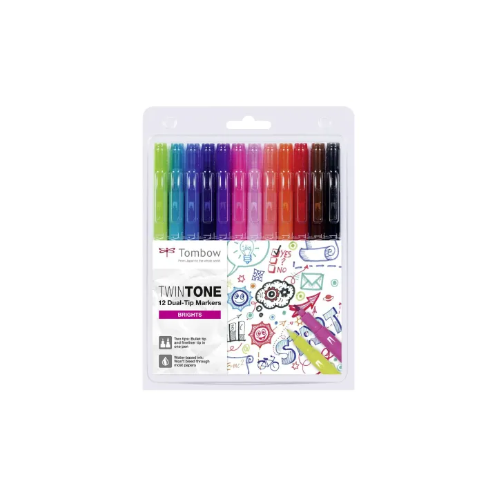 Tombow Fineliner TwinTone Brights 0.8 mm, 0.3 mm, 12 pièces