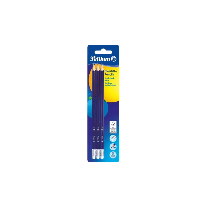 Pelikan Crayon HB, Bleu avec gomme, 3 pièces