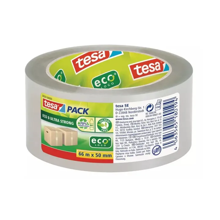 tesa Ruban adhésif pour paquets Eco & Ultra Strong, 50 mm x 66 m, Transparent