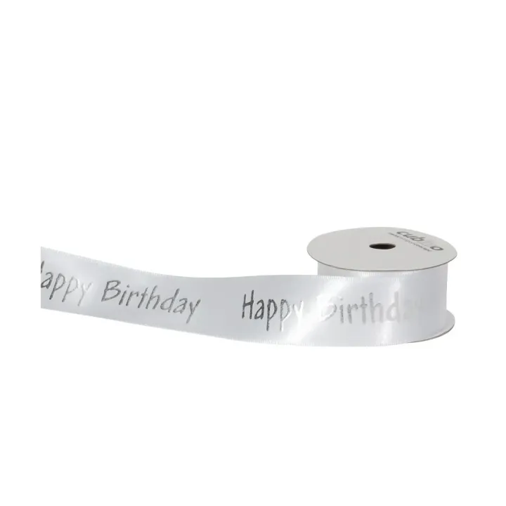 Spyk Ruban cadeau Cubino Happy Birthday 25 mm x 3 m, Argenté-Blanc