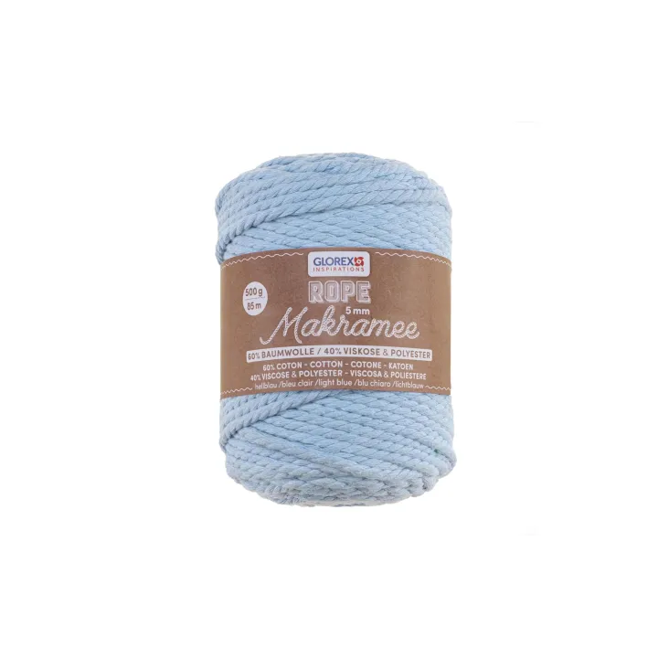 Glorex Laine Macramee Rope torsadé 85 m x 5 mm, 500g, bleu clair