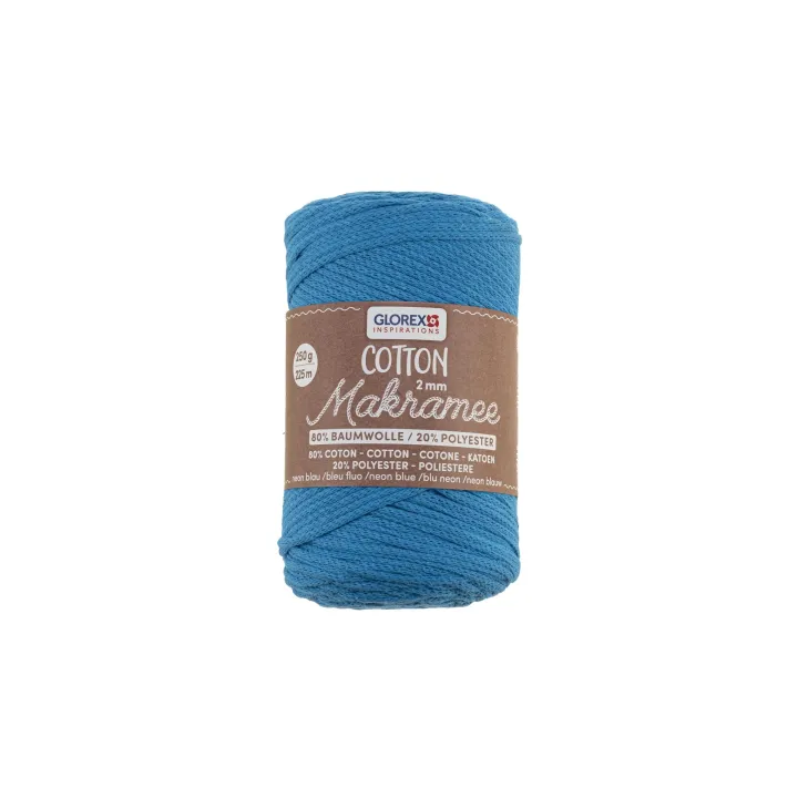 Glorex Laine Macramee Cotton 225m x 2 mm, 250g, bleu néon