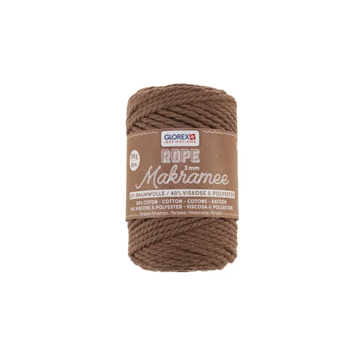 Glorex Laine Macramee Rope torsadé 63 m x 3 mm, 250g, marron