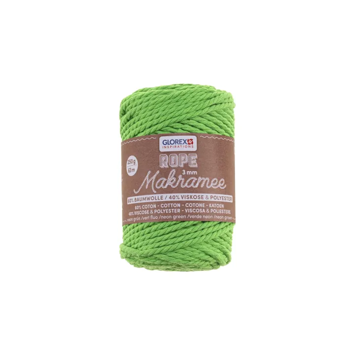 Glorex Laine Macramee Rope torsadé 63 m x 3 mm, 250g, vert fluo