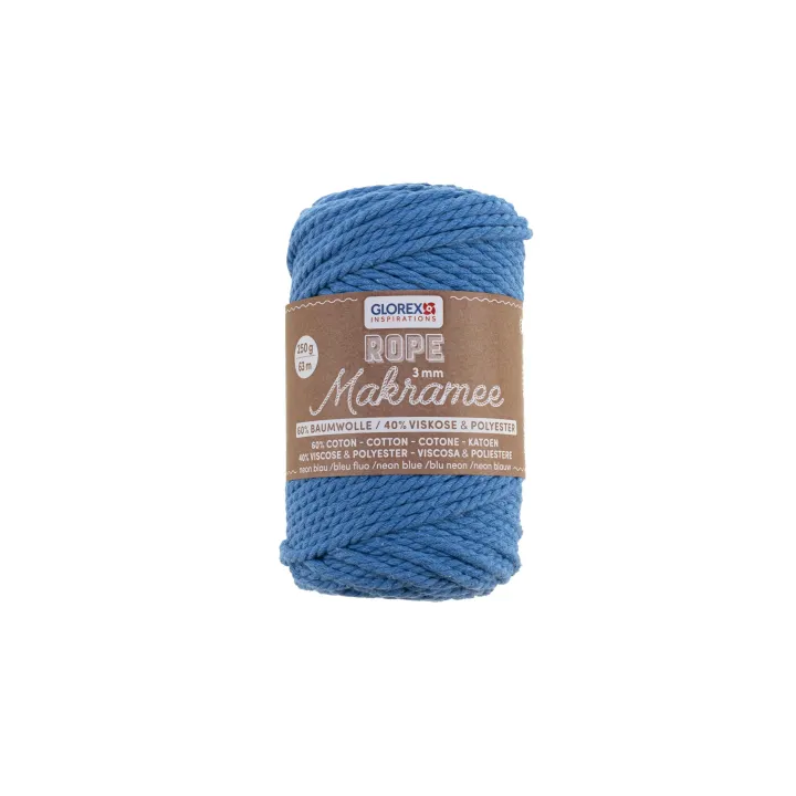 Glorex Laine Macramee Rope torsadé 63 m x 3 mm, 250g, bleu néon