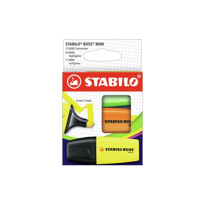 STABILO Surligneur Boss Mini 3 pièces, Jaune-Vert-Orange, étui en carton