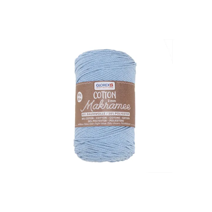 Glorex Laine Macramee Cotton 225m x 2 mm, 250g, bleu clair