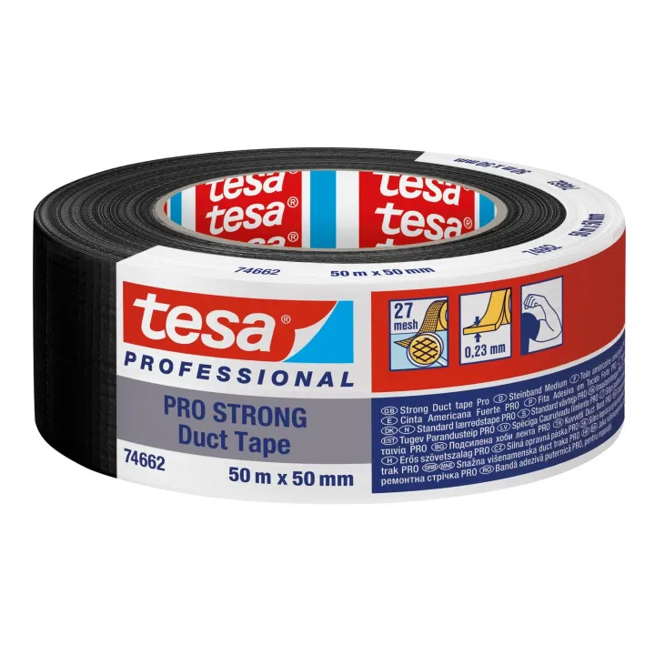 tesa Ruban textile adhésif Pro 74662 Strong Noir, 50 m x 50 mm