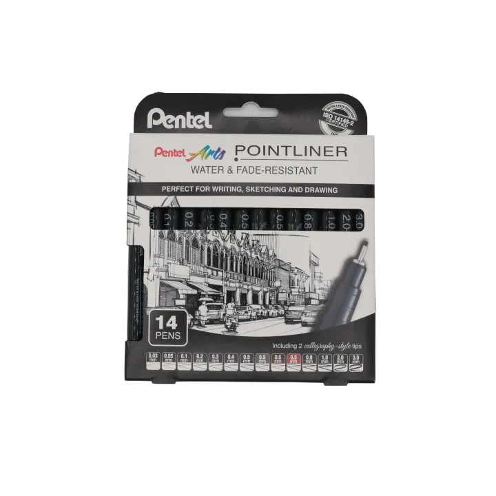 pentel Fineliner Pigment Pointliner Noir, Lot de 14