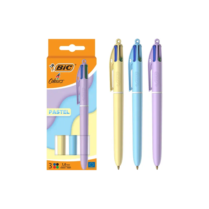 BIC Stylo à bille multicolore 4 Couleurs Pastel 3 pièces